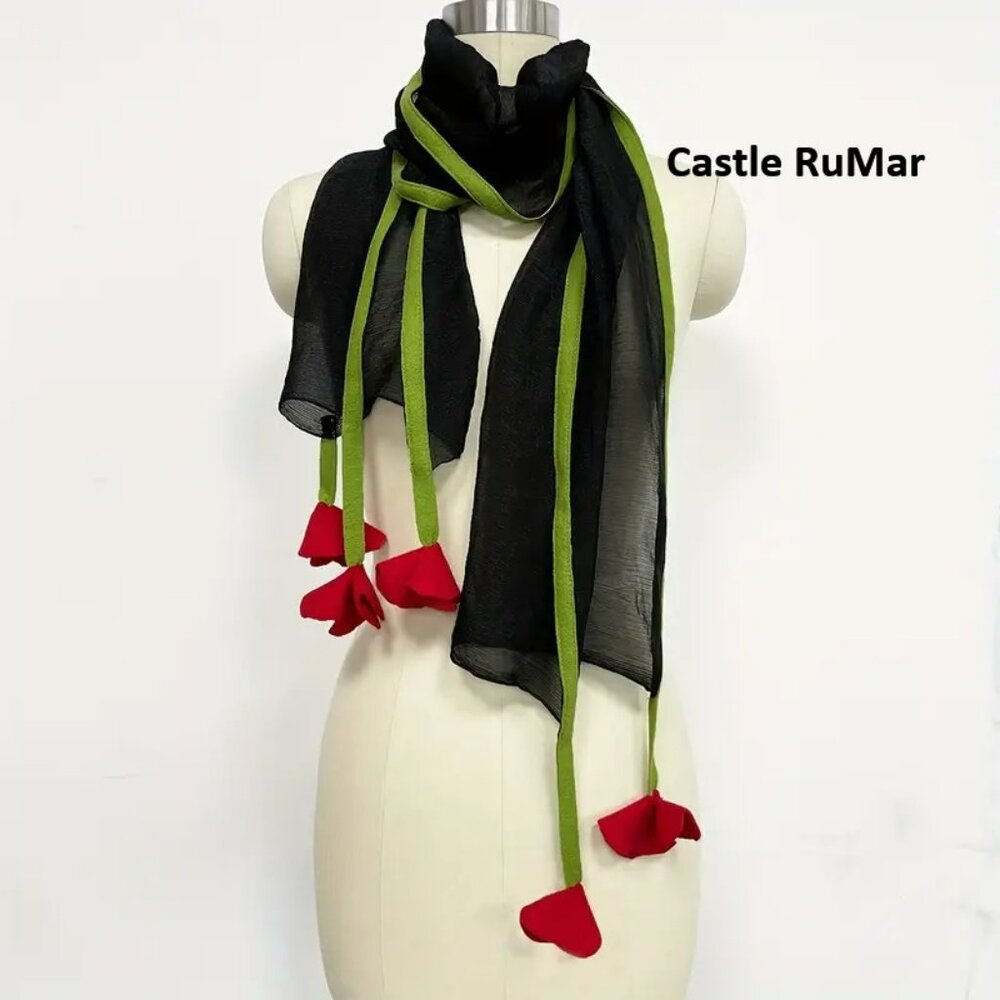 P Style Black Scarf with Simulated Roses Elegant, Thin, Breathable